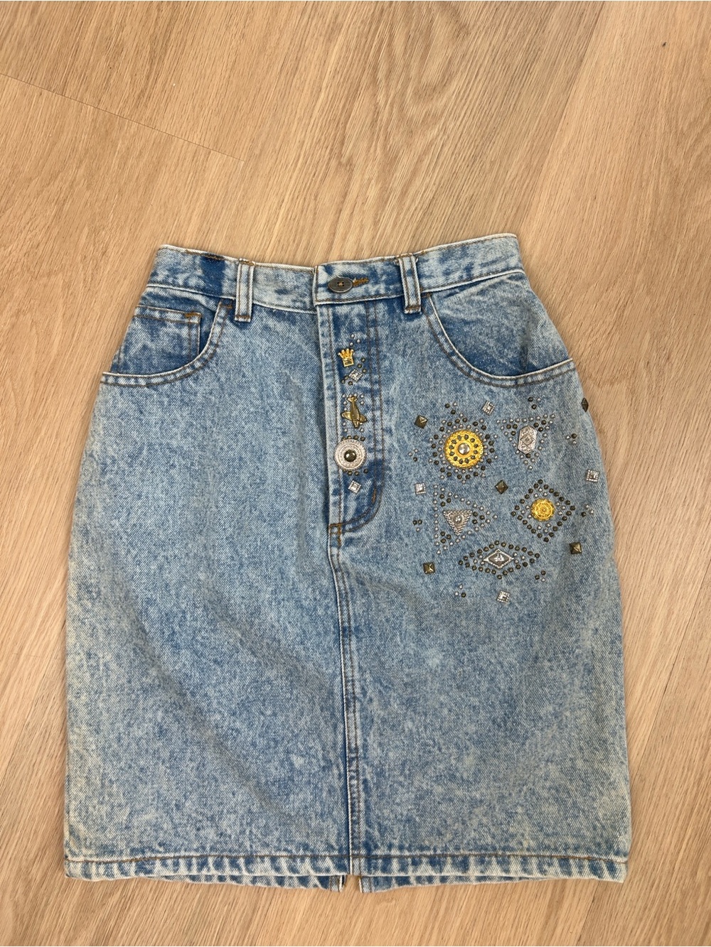 Vintage Dakota Blue Embellished Denim Jean Pencil Skirt